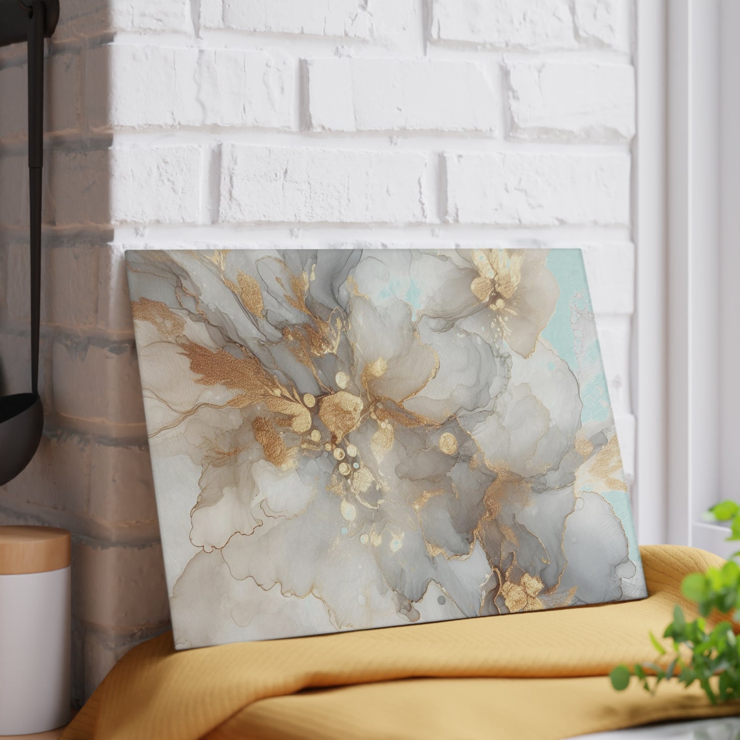 Glass Cutting Board - Elegant Gold & Mint Abstract Floral Tempered Glass Chopping Board