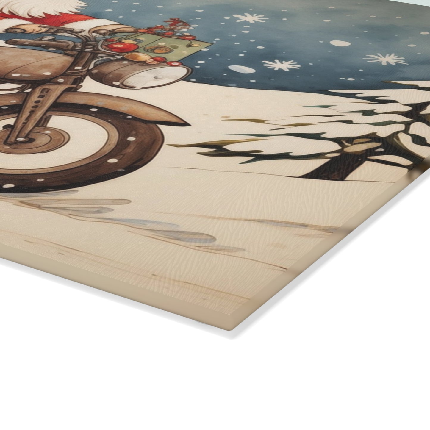 Festive Santa Motorcycle Glass Cutting Board, Holiday Kitchen Decor, Christmas Gift, Unique Cookware, Santa Gift Idea