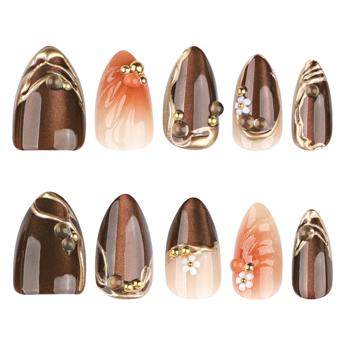 Brown Marble Gold-Accent Floral Press-On Nails – Image 5