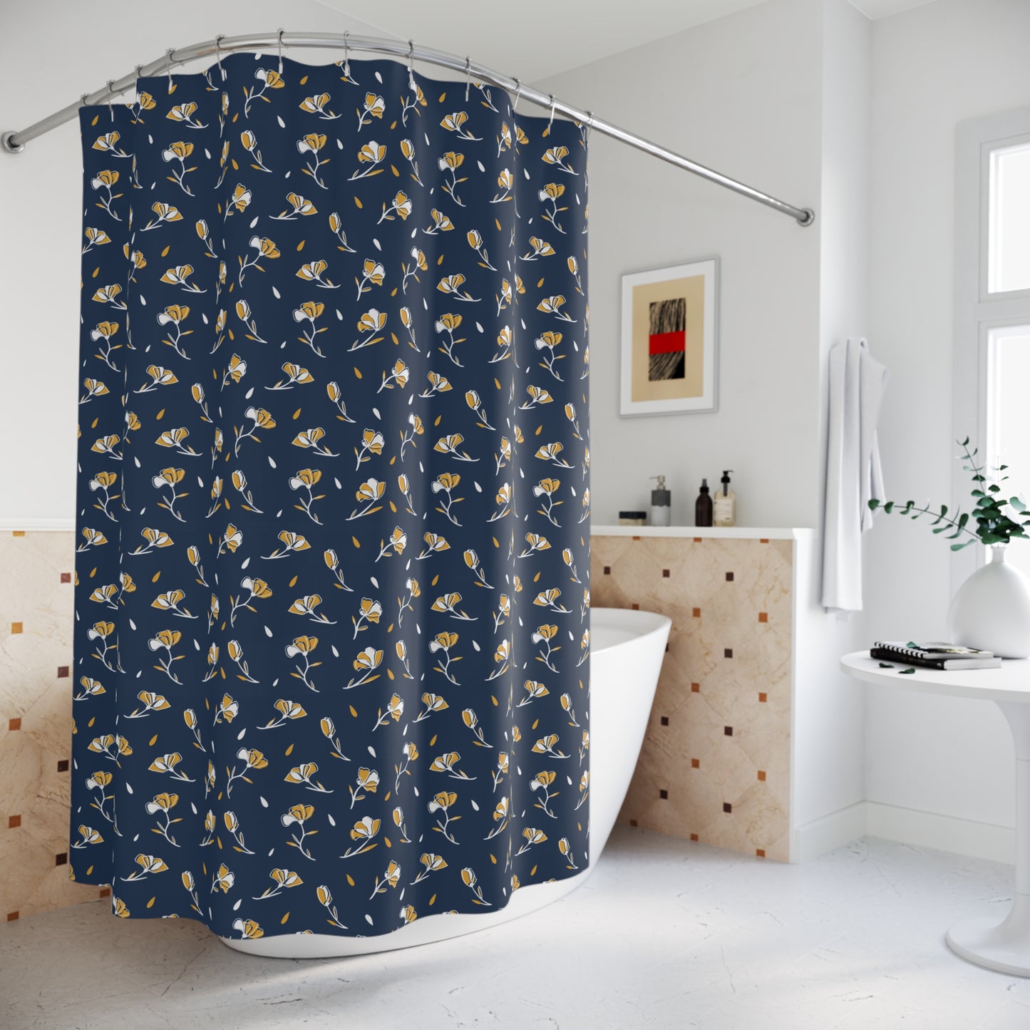 Navy Floral Shower Curtain - Elegant Bathroom Decor, Floral Home Accent, Gift for Housewarming, Modern Bathroom, Navy Blue Curtain