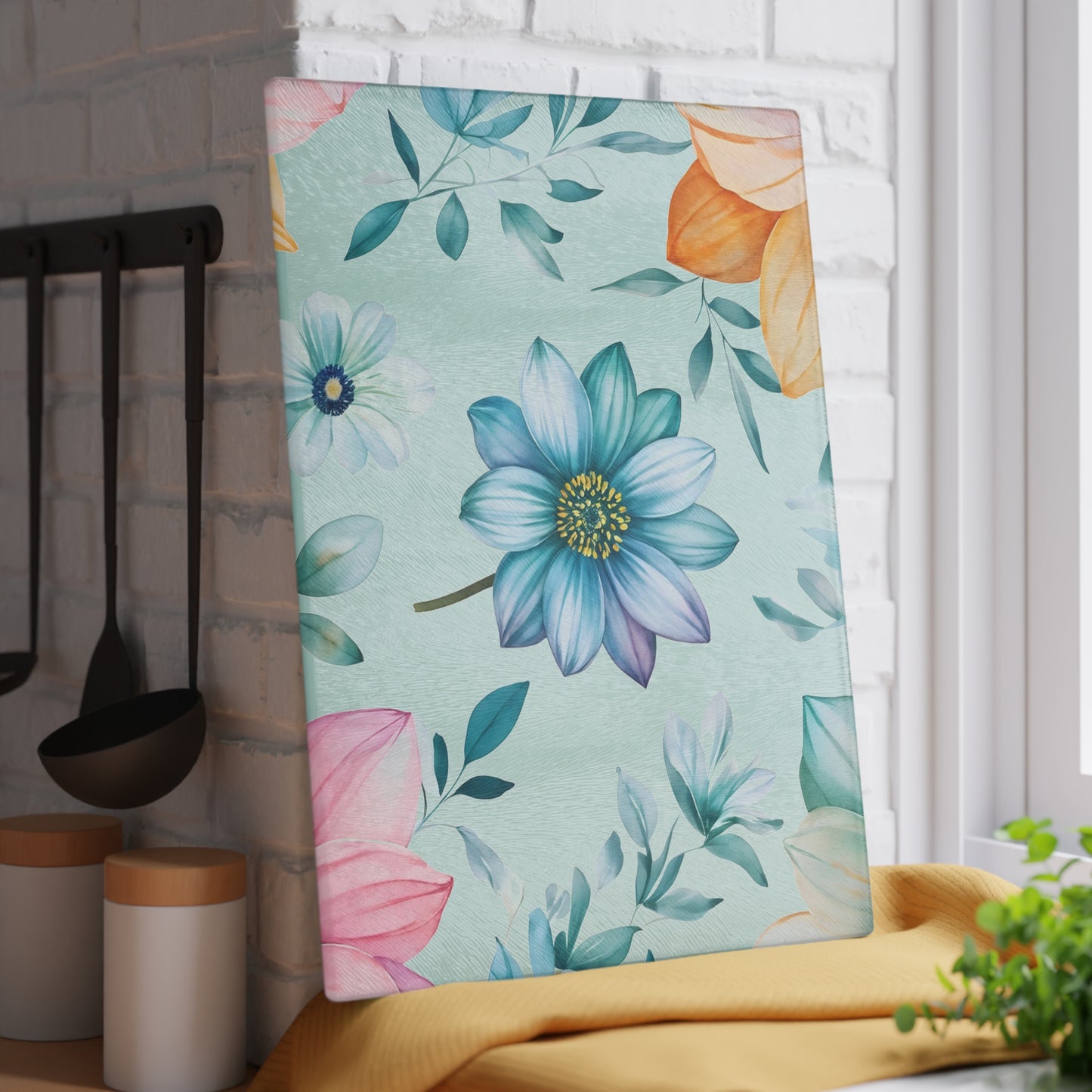 Floral Glass Cutting Board — Pastel Blue Watercolor Flowers
