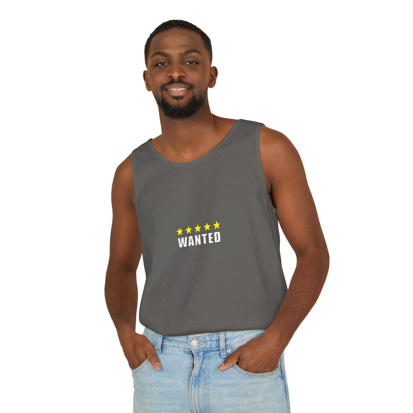 5-Star "WANTED" Garment-Dyed Tank Top, Unisex Summer Shirt, Gift for Him/Her, Trendy Casual Wear, Pool Party Outfit, Unique Graphic Tee