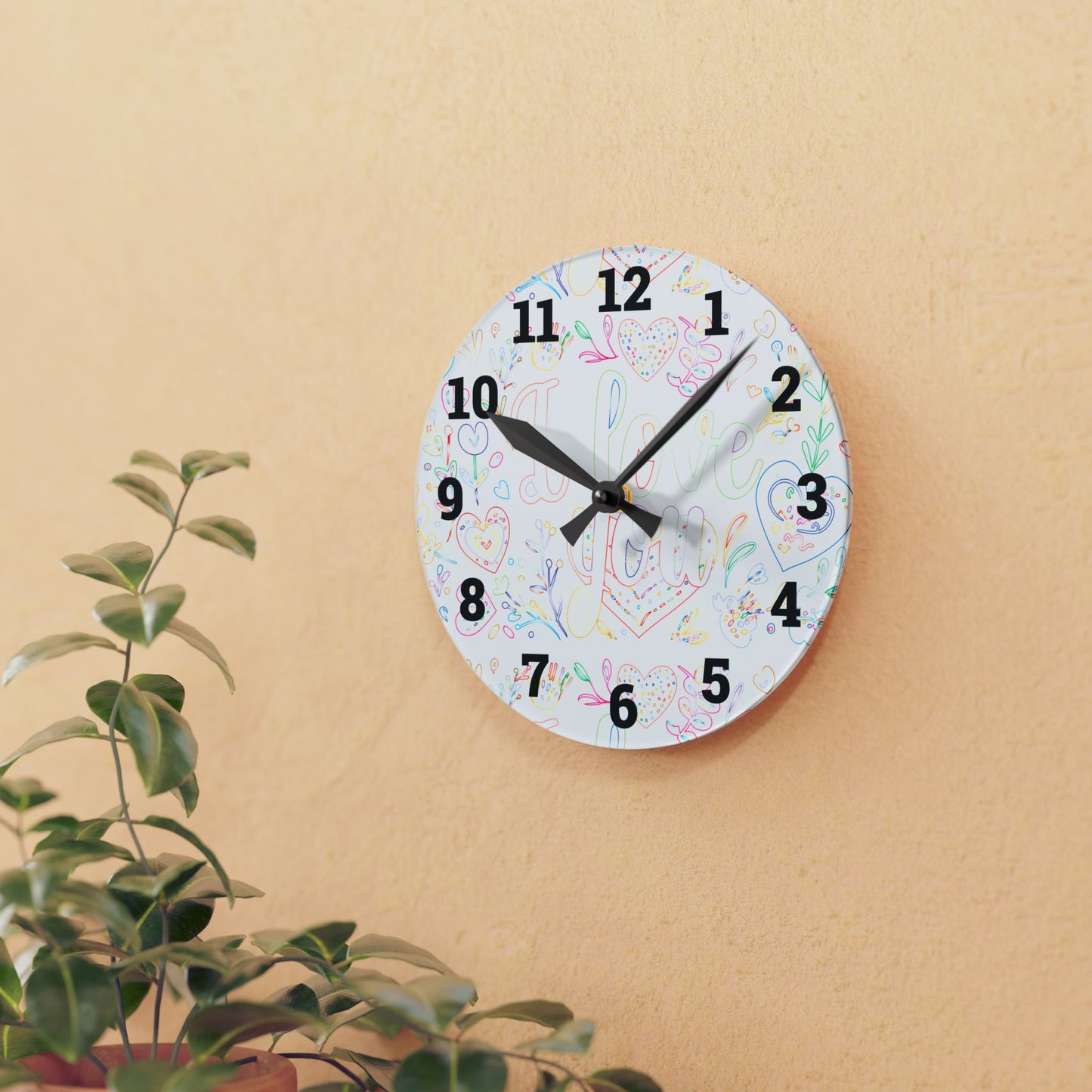Whimsical Acrylic Wall Clock - Love You Decor, Heart Design, Gift for Her,