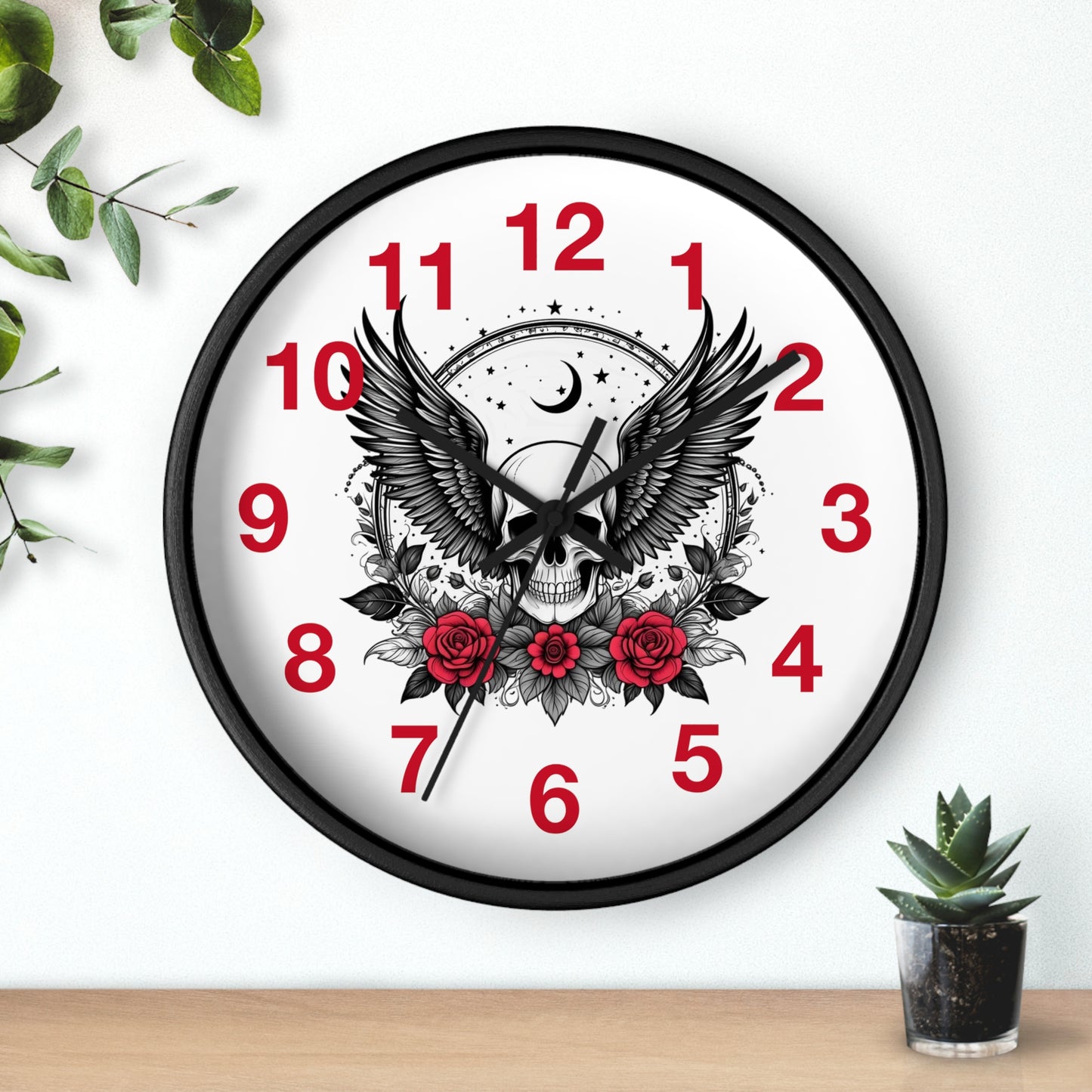Winged Skull with Red Roses Wall Clock | Gothic Moon Skull Clock