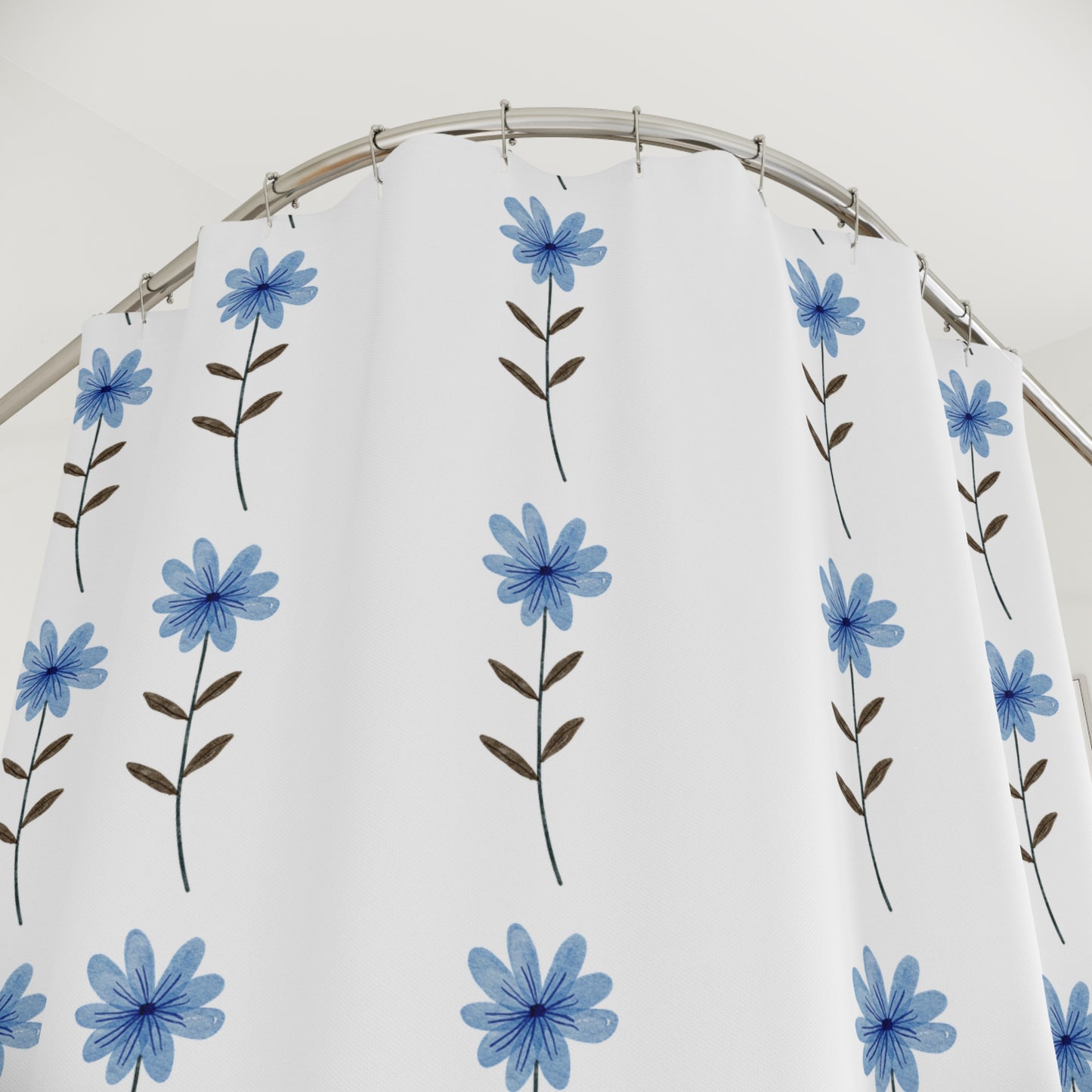 Blue Daisy Floral Shower Curtain — Simple Vertical Flower Pattern