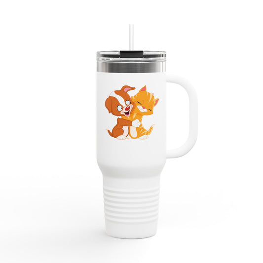 Whimsical Pet Love Insulated Travel Mug, Cute Animal Travel Mug, 40oz Coffee Cup, Dog Cat Drinkware, Funny Gift for Pet Lovers