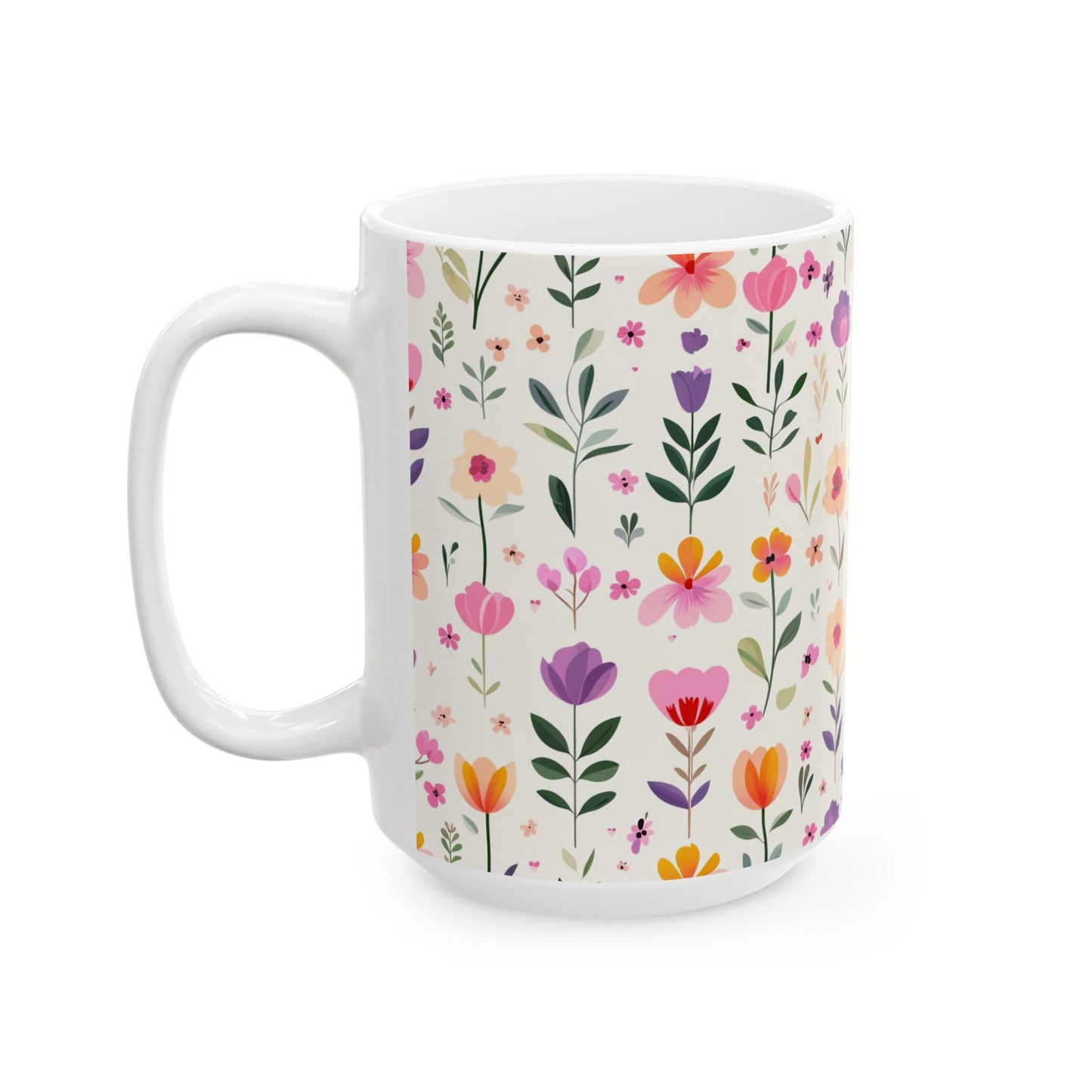 Floral Pattern Ceramic Mug — Pink Spring Flowers 11oz & 15oz