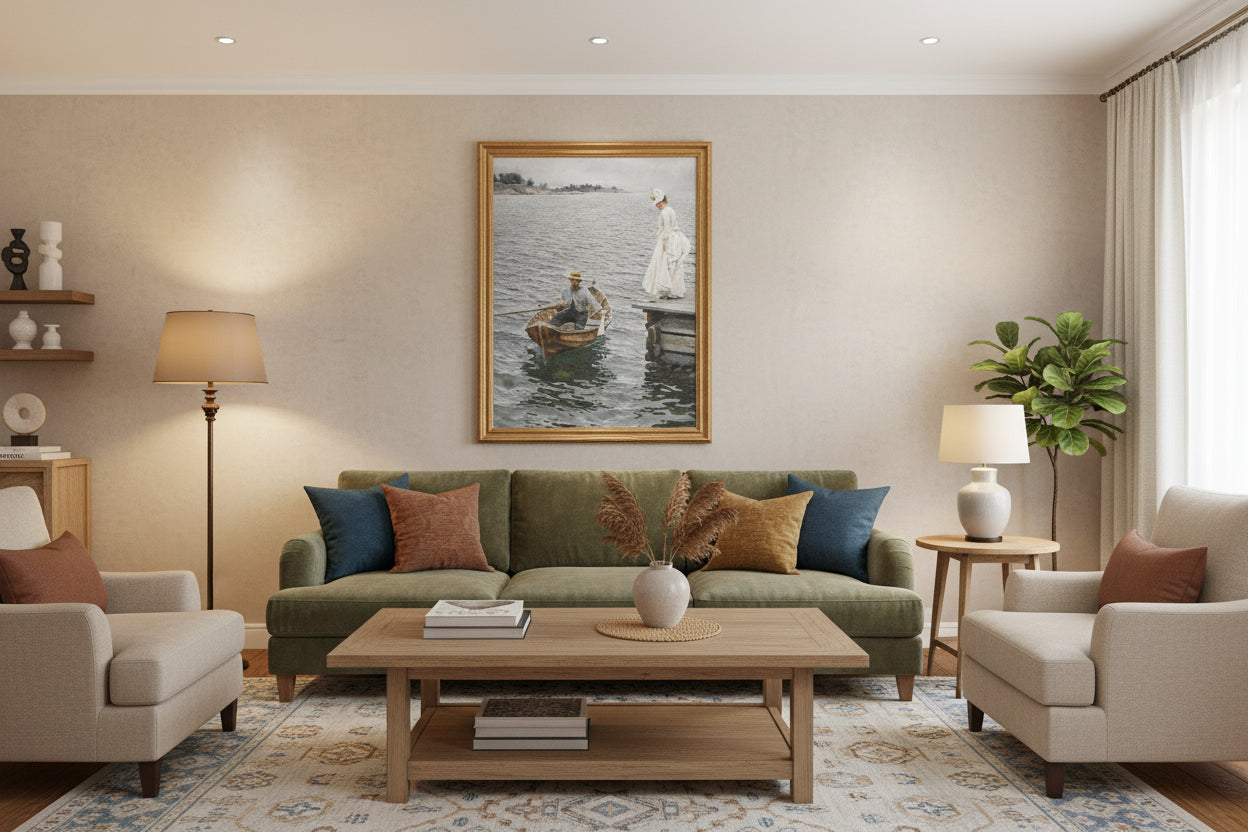 Seaside Stroll Canvas Print — Vintage Woman & Rowboat Matte Stretched Art 1.25"
