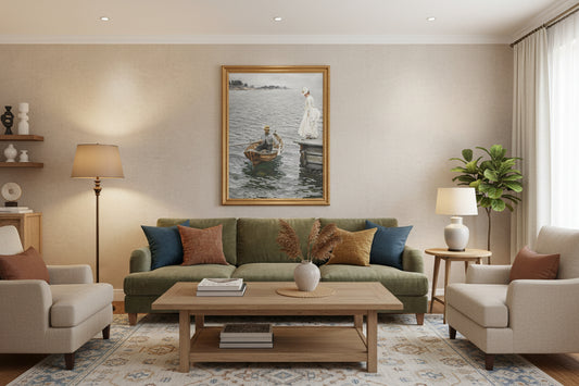Seaside Stroll Canvas Print — Vintage Woman & Rowboat Matte Stretched Art 1.25"