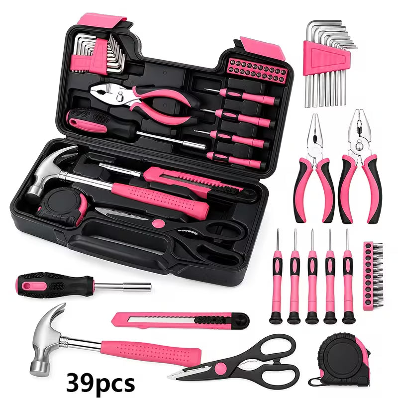 The 39pcs Pink Tool Kit is a versatile collection of hand tools perfect for any home or workshop.