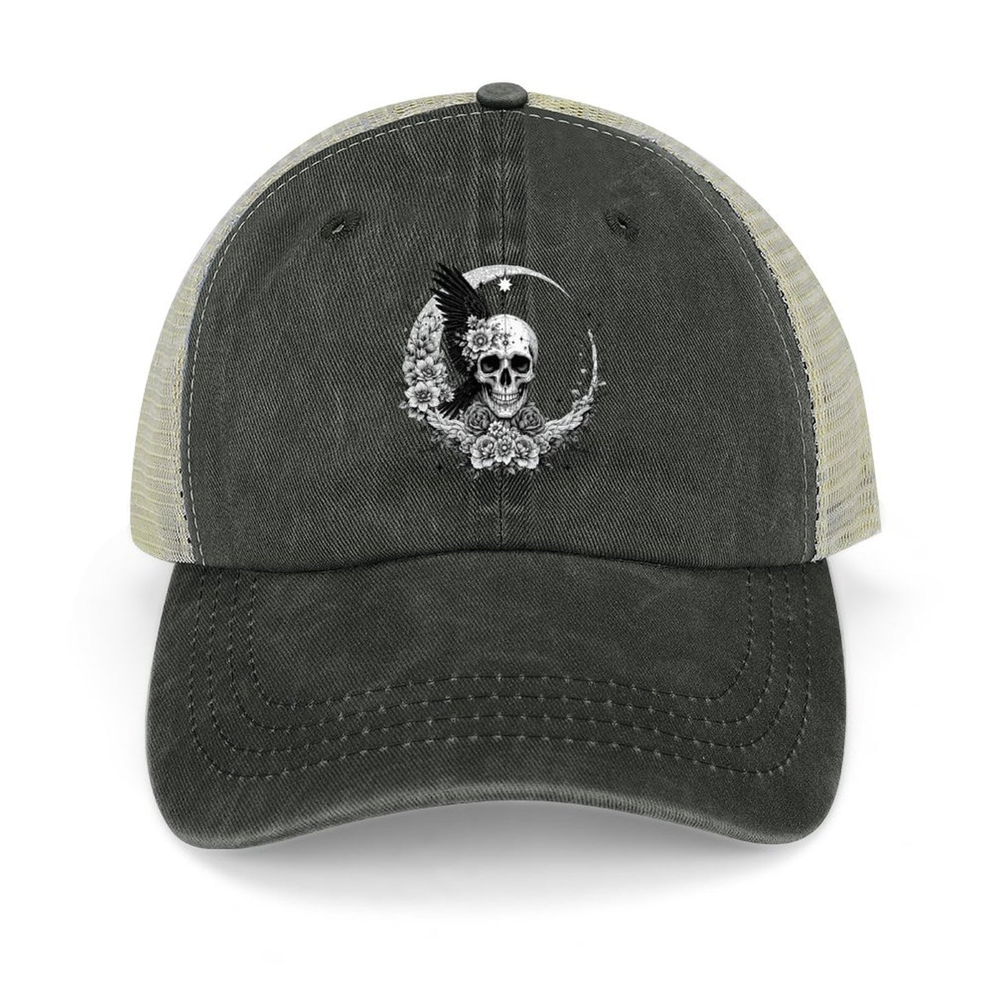 Cotton Trucker Hat for Casual Style - Skull and Roses
