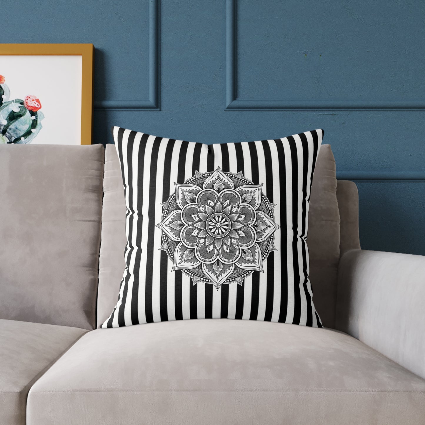 Boho Black & White Striped Mandala Pillow - Square Decorative Throw Cushion