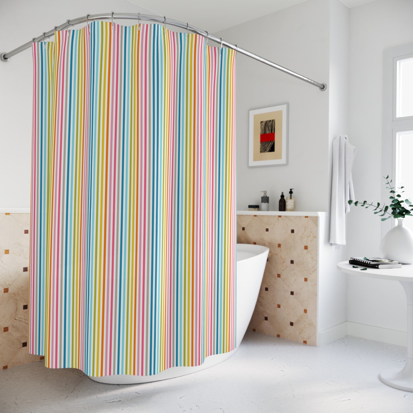 Colorful Striped Shower Curtain — Bright Rainbow Vertical Lines Bathroom Decor
