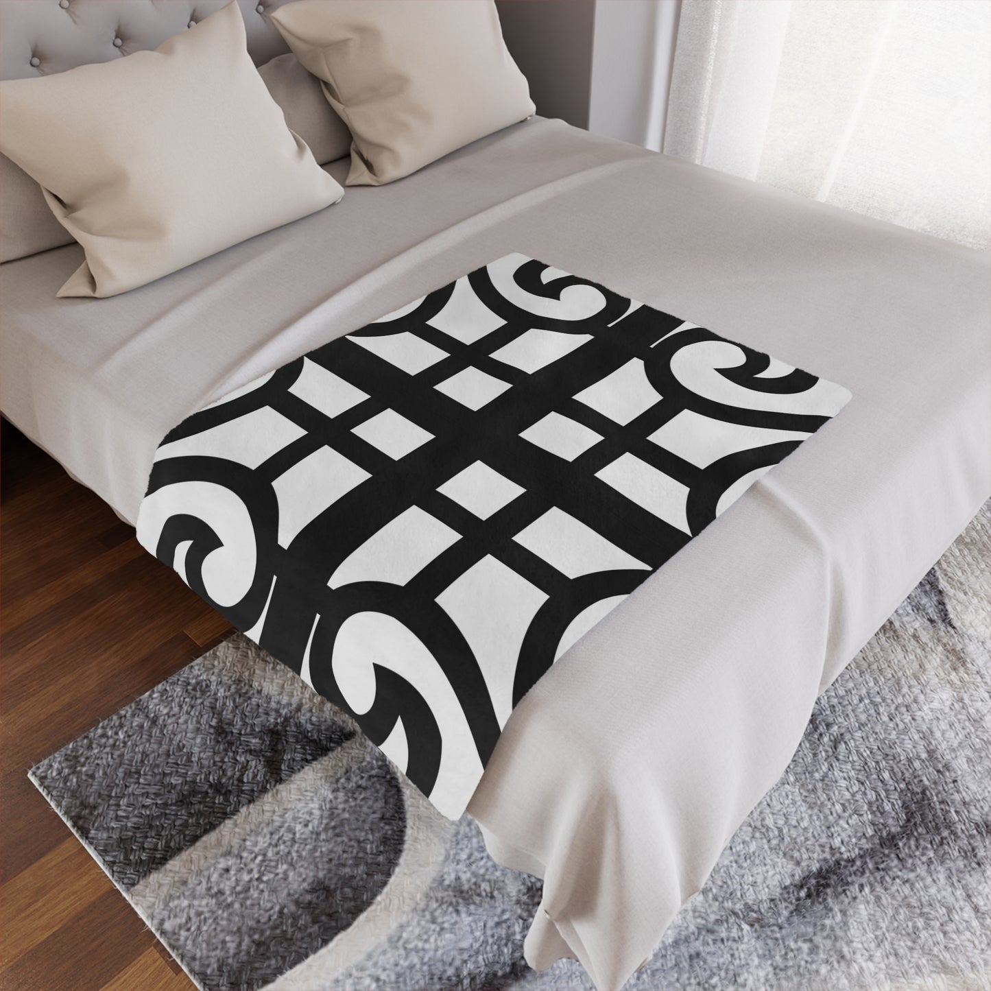 Geometric Scrolled Minky Blanket — Black & White Decorative Throw