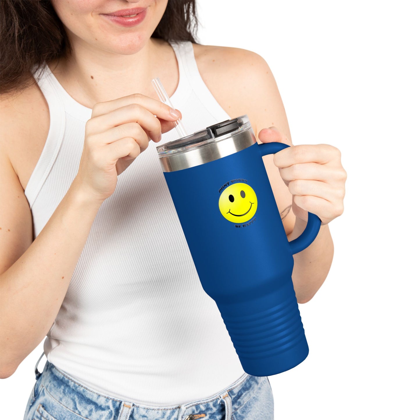 Happy Face Insulated Travel Mug | 40oz, Summer Vibes, Gift for Coffee Lovers, Home Office Essential, Brighten Your Day