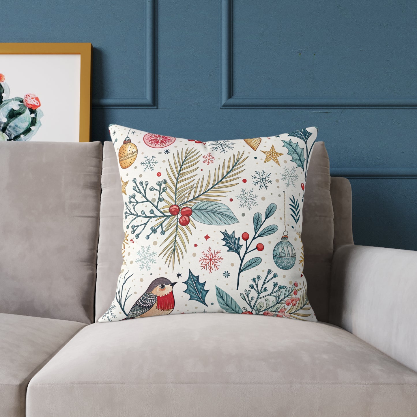 Festive Robin Holiday Pillow — Christmas Botanical Decorative Throw Pillow