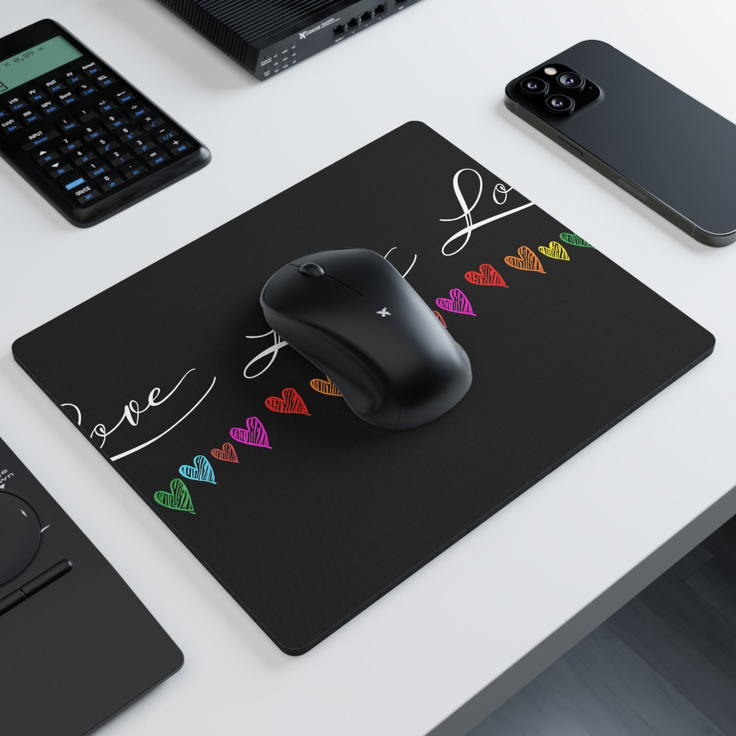 Love Rainbow Hearts Mouse Pad — Black Rectangular Desk Mat with Colorful Heart Border