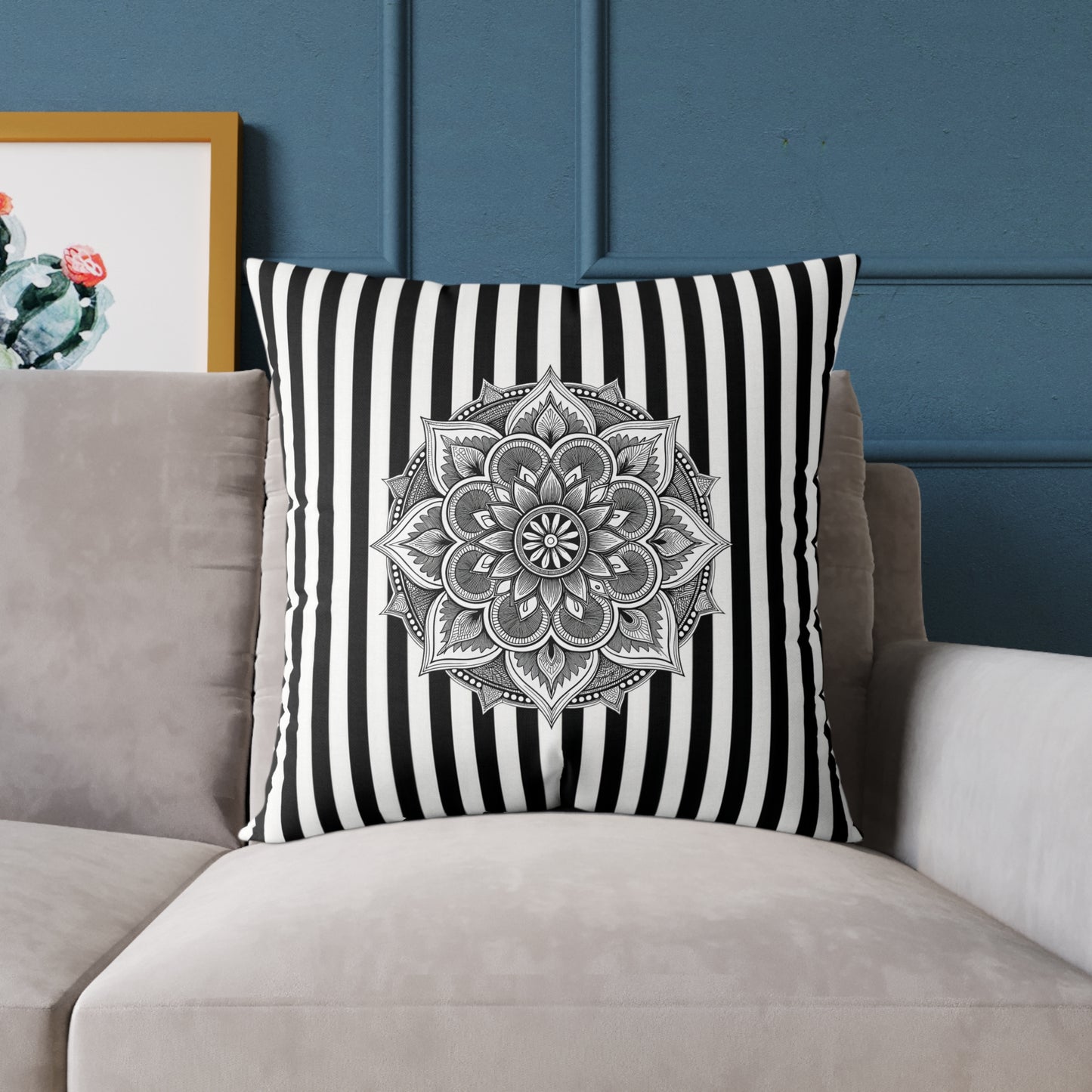 Boho Black & White Striped Mandala Pillow - Square Decorative Throw Cushion