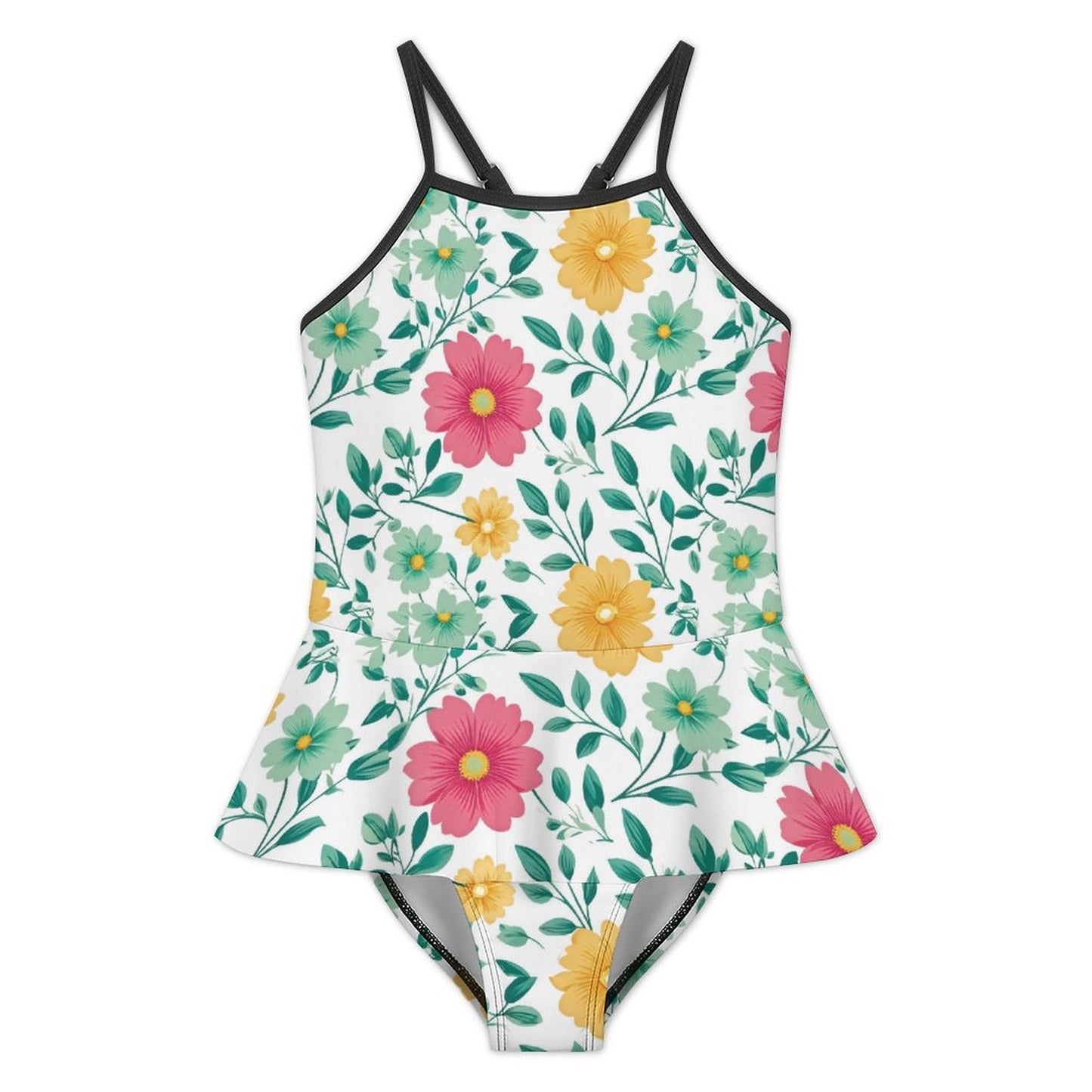 Girls One Piece Ruffle Strap Swimsuit Flowers