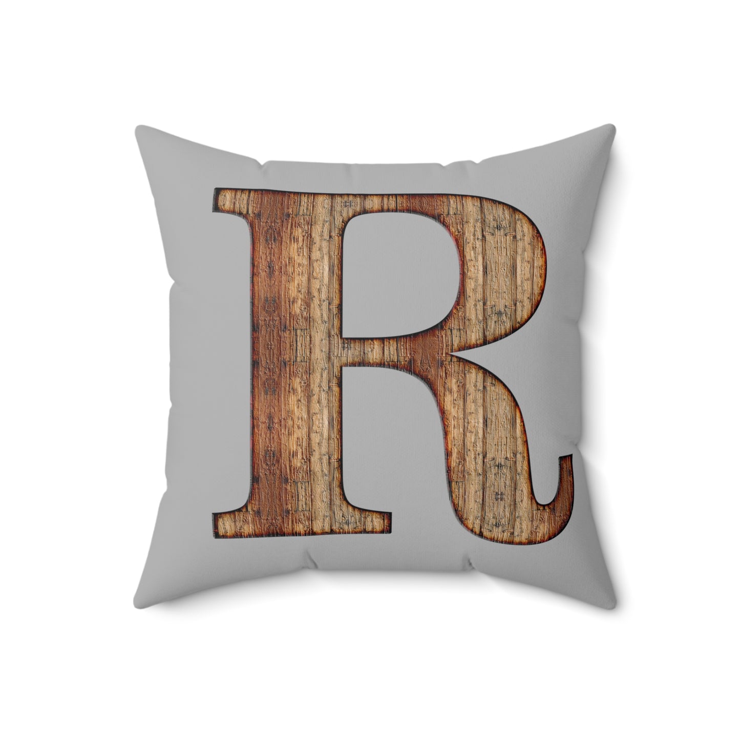 Wooden Monogram 'R' Decorative Throw Pillow - Rustic Farmhouse Accent
