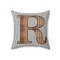 Wooden Monogram 'R' Decorative Throw Pillow - Rustic Farmhouse Accent