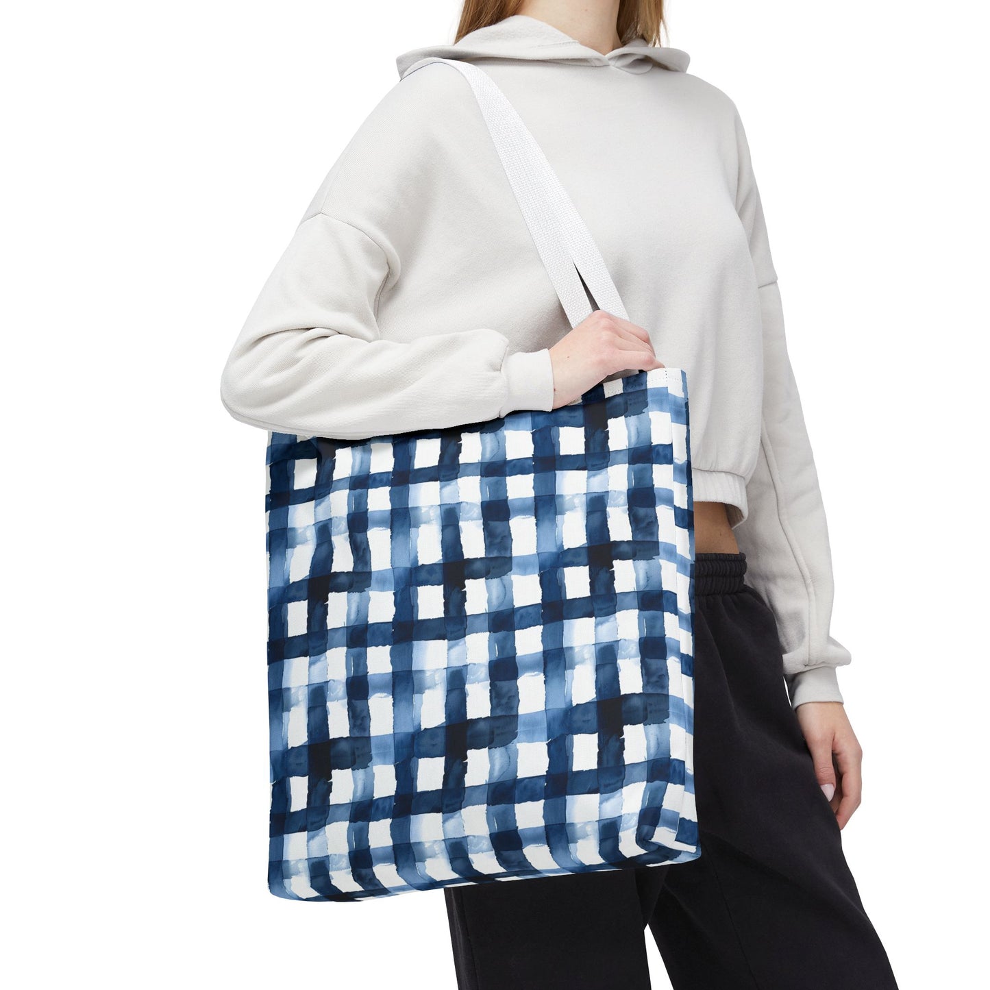 Blue Watercolor Plaid Tote Bag — Navy Check Pattern All-Over Print