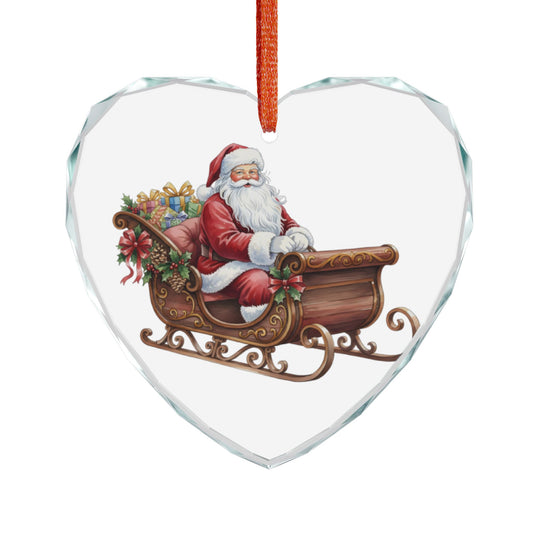 Heart Crystal Ornament — Vintage Santa in Sleigh Christmas Decoration