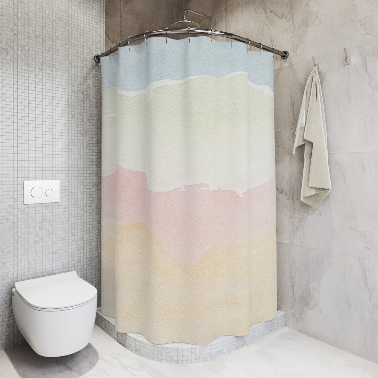 Pastel Waves Shower Curtain — Coastal Watercolor Bathroom Decor