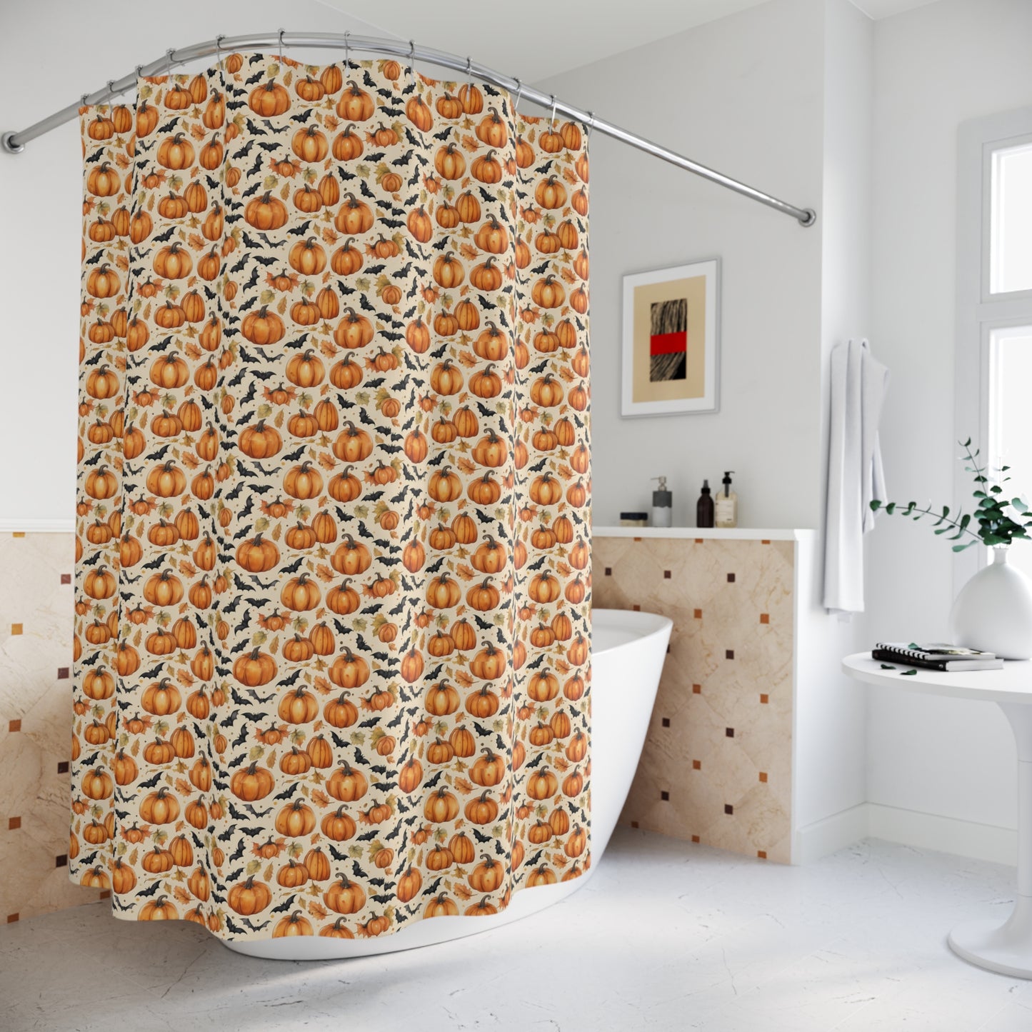 Autumn Pumpkin Shower Curtain | Seasonal Home Decor for Fall, Halloween, Thanksgiving, Farmhouse Style, Bathroom Accessories