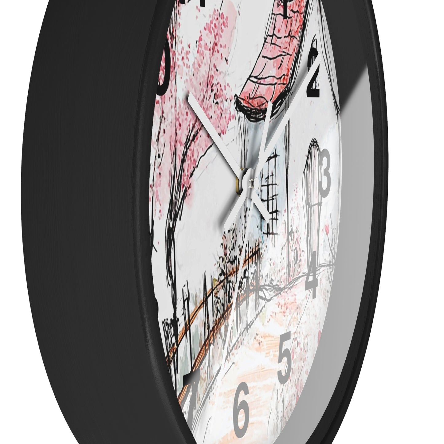 Cottage Garden Wall Clock — Hand-Drawn Pink Blossom Scene