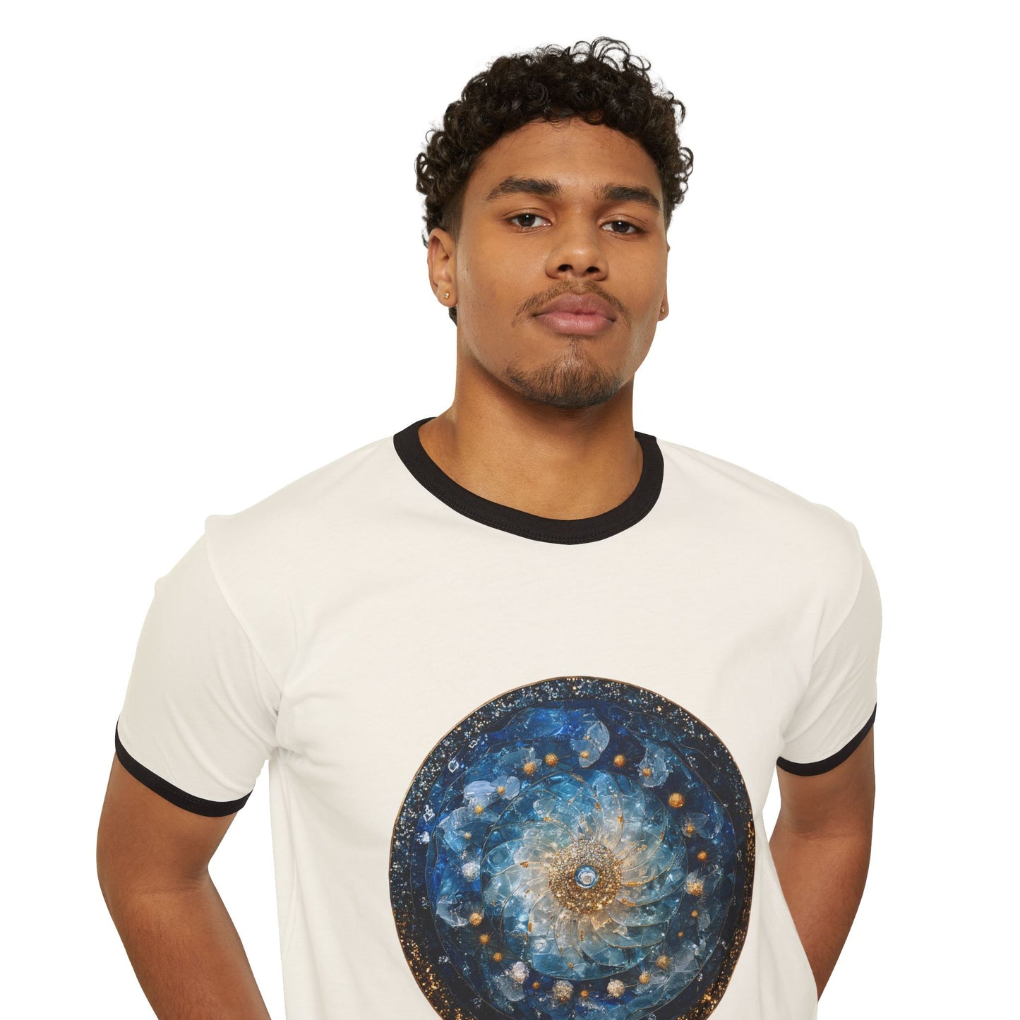 Celestial Mandala Ringer T‑Shirt — Blue Galaxy Circle Art