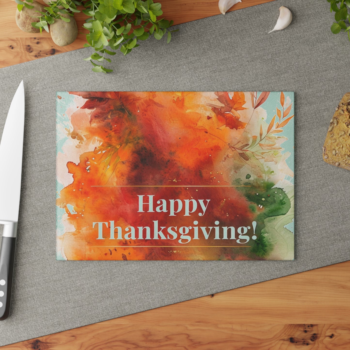 Thanksgiving Glass Cutting Board with Vibrant Autumn Design