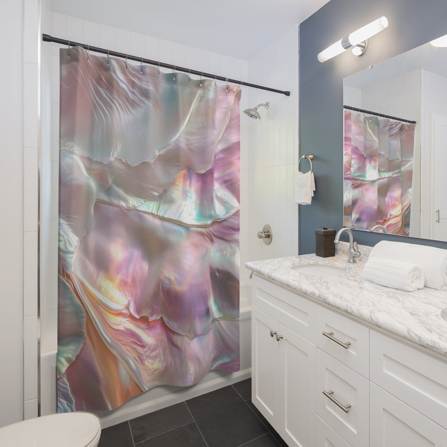 Iridescent Pearl Shower Curtain — Holographic Pastel Bathroom Decor