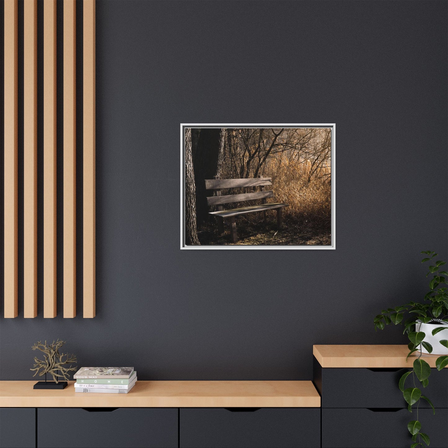 Framed Matte Canvas Print — Autumn Park Bench Photography