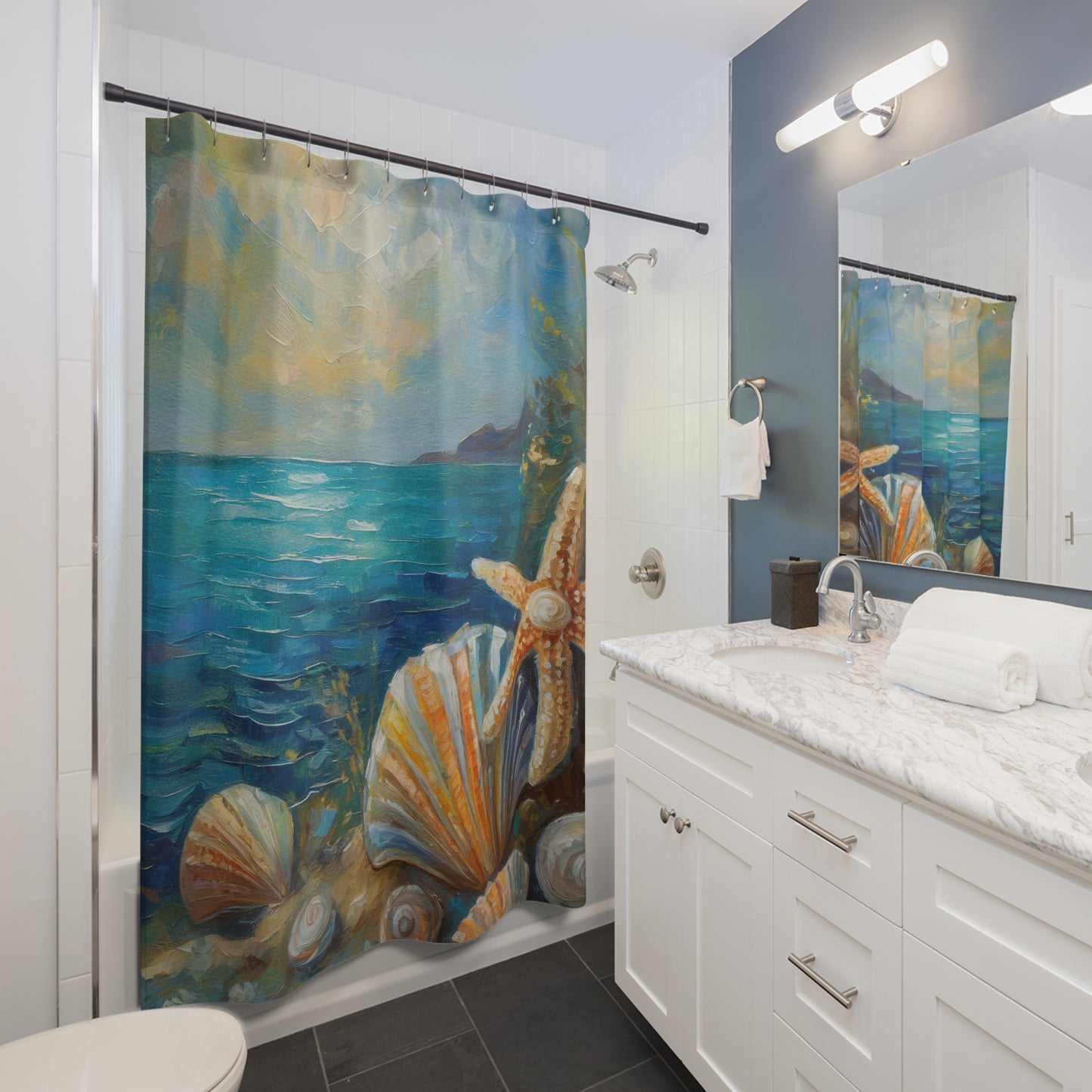 Ocean Seashell Shower Curtain — Coastal Beach Bathroom Decor with Starfish