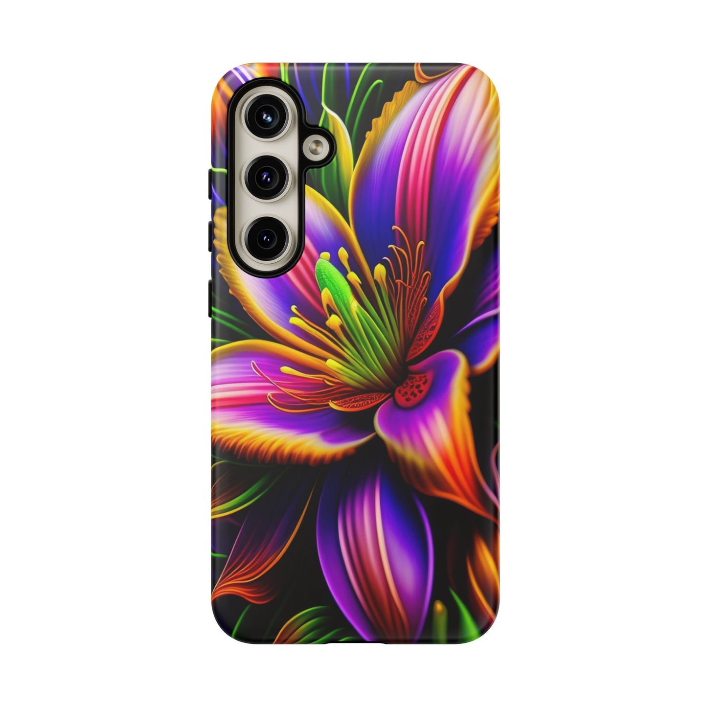 Floral Neon Tough Phone Case — Vivid Purple & Orange Lily Protective Cover