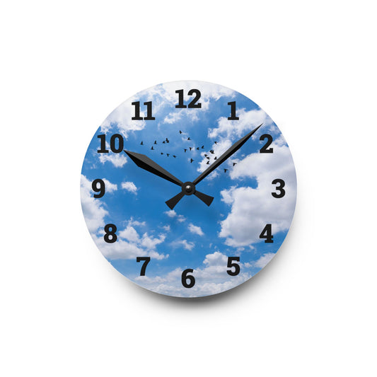 Sky Blue Acrylic Wall Clock - Modern Decor, Birds, Home Office, Unique Wall Art
