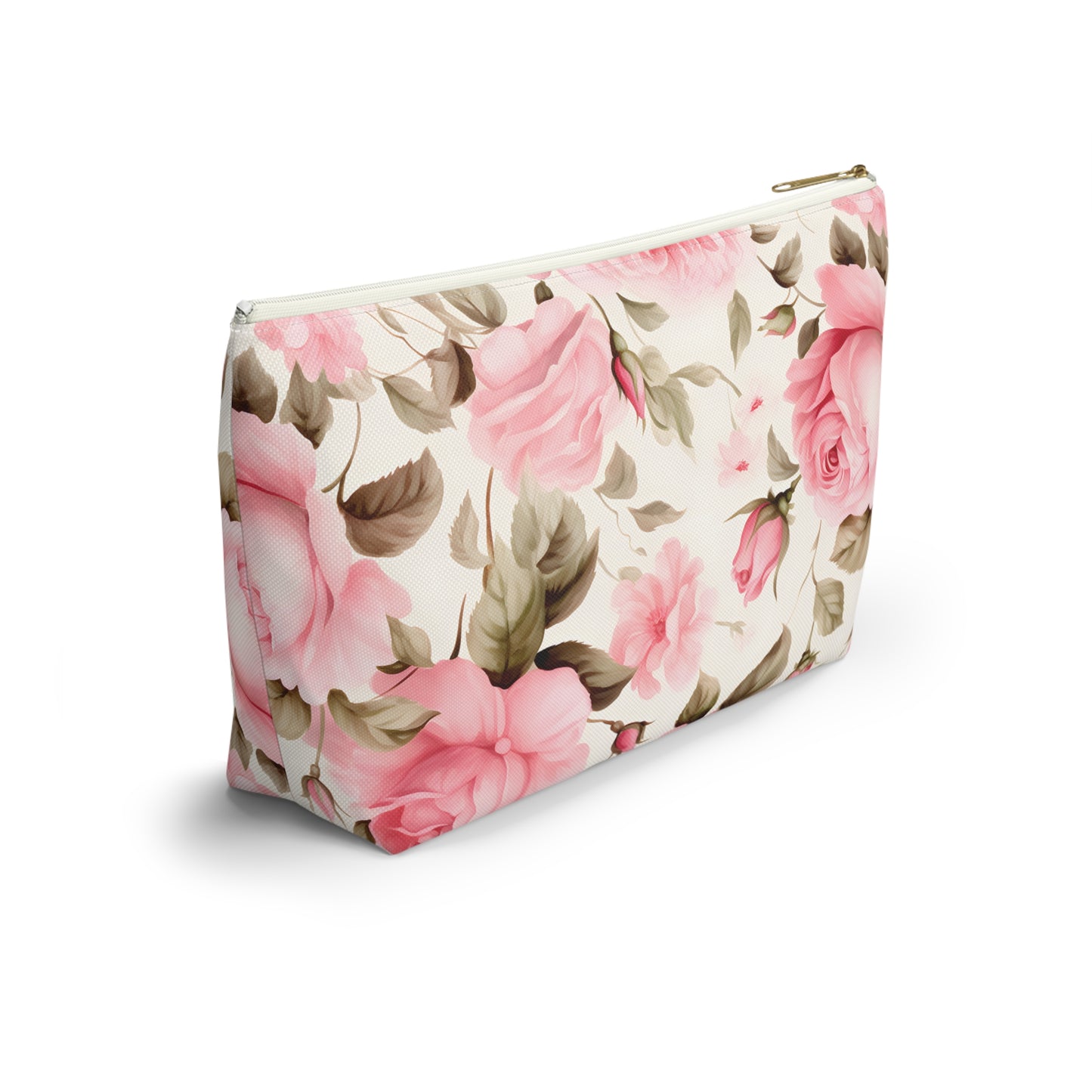 Floral Rose Accessory Pouch - Pink Vintage Cosmetic Bag with T-Bottom