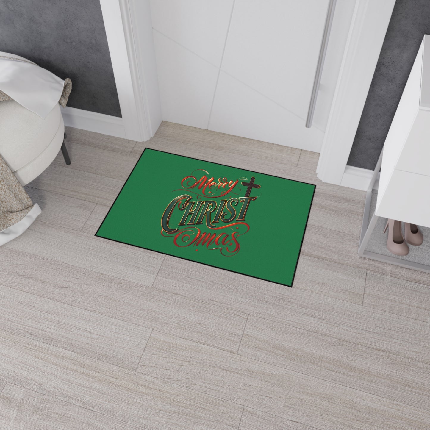 Christmas Floor Mat - "Merry Christmas" Script with Cross, Heavy-Duty Holiday Doormat