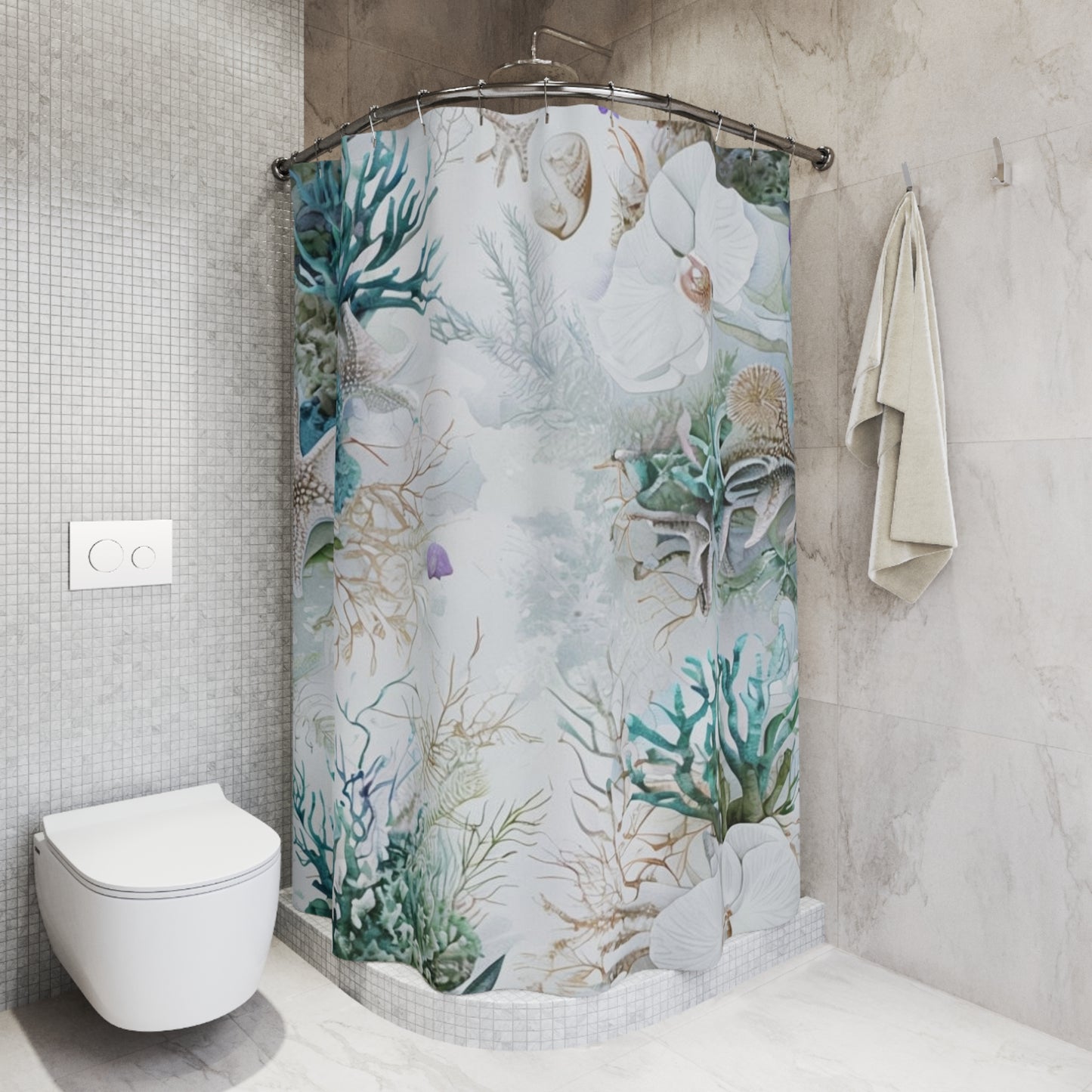 Coastal Coral & Orchid Shower Curtain — Beachy Sea Life Bathroom Decor