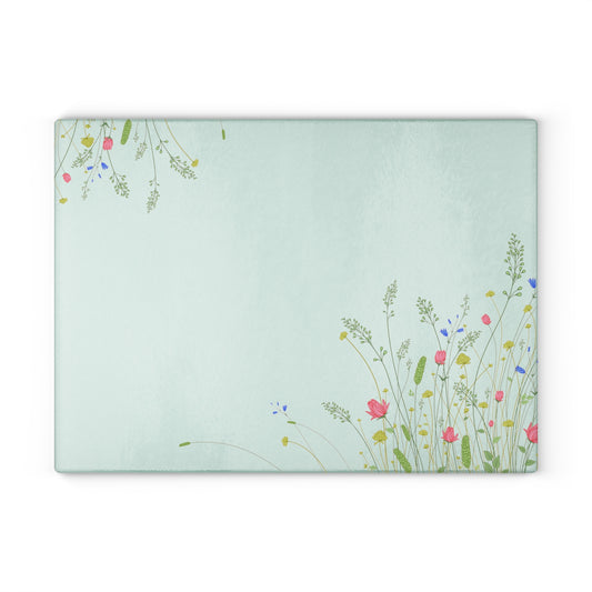 Floral Meadow Glass Cutting Board — Pastel Wildflower Kitchen Board