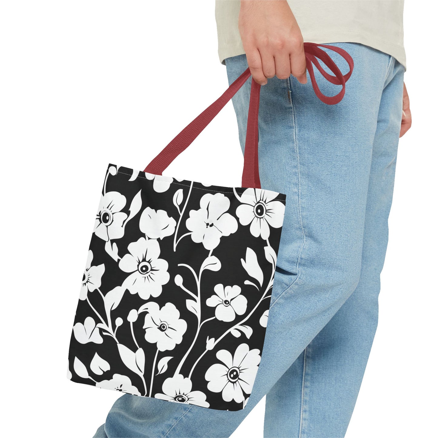 Elegant Floral Tote Bag, Black and White Tote, Eco-Friendly Shopping Bag