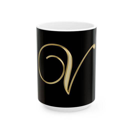 Gold Script Letter V Ceramic Mug — Elegant Monogram Coffee Cup (11oz, 15oz)