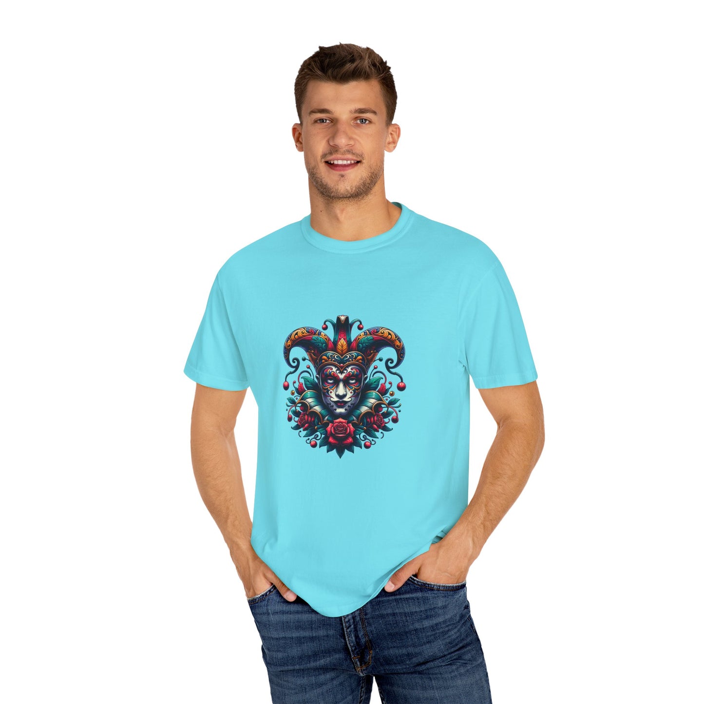 Vibrant Unisex Garment-Dyed T-shirt Featuring Colorful Jester Design, Festival Fashion