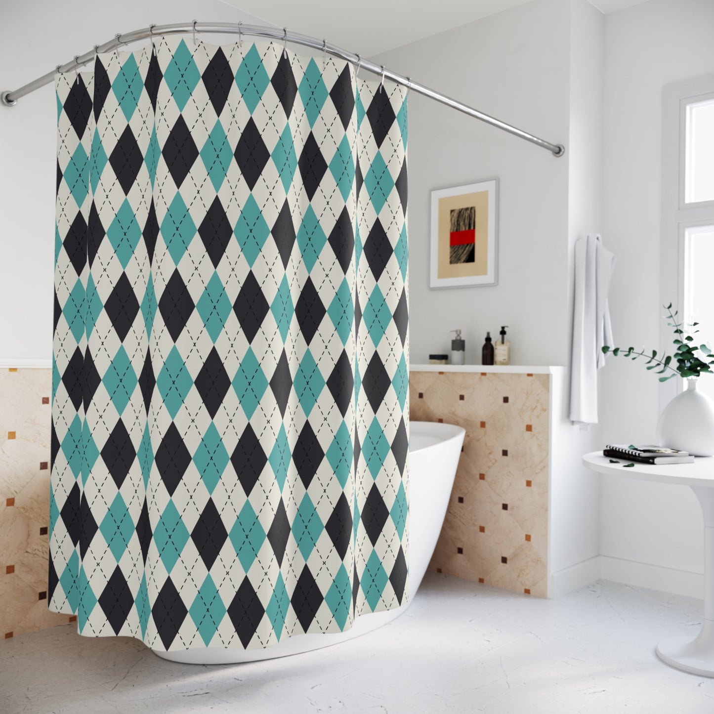 Stylish Geometric Shower Curtain, Modern Bathroom Decor, Aqua and Black Argyle, Unique Gift for Home Renovation, Holiday Essential, [...]