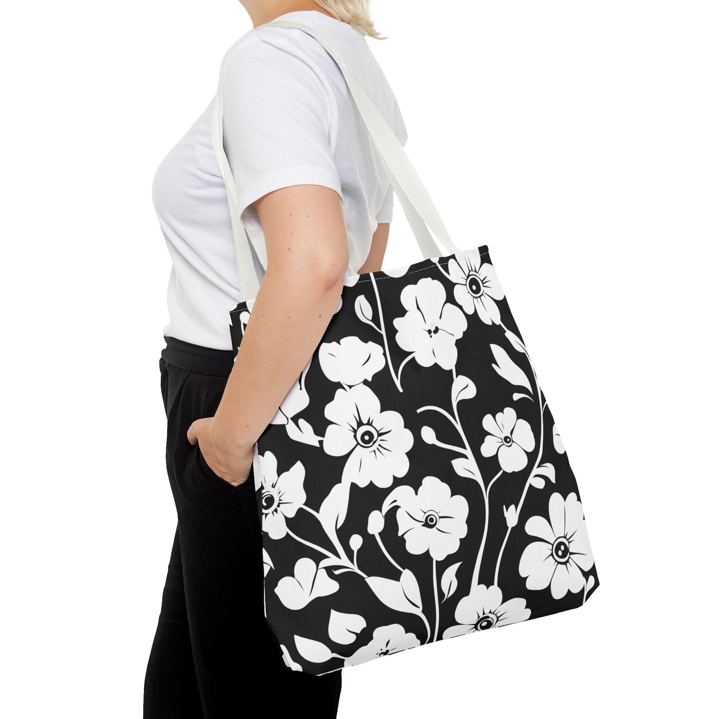 Elegant Floral Tote Bag, Black and White Tote, Eco-Friendly Shopping Bag