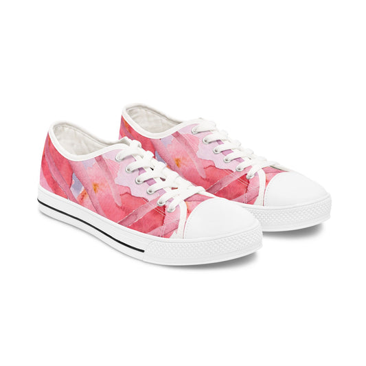 Pink Watercolor Floral Low Top Sneakers — Casual Canvas Shoes