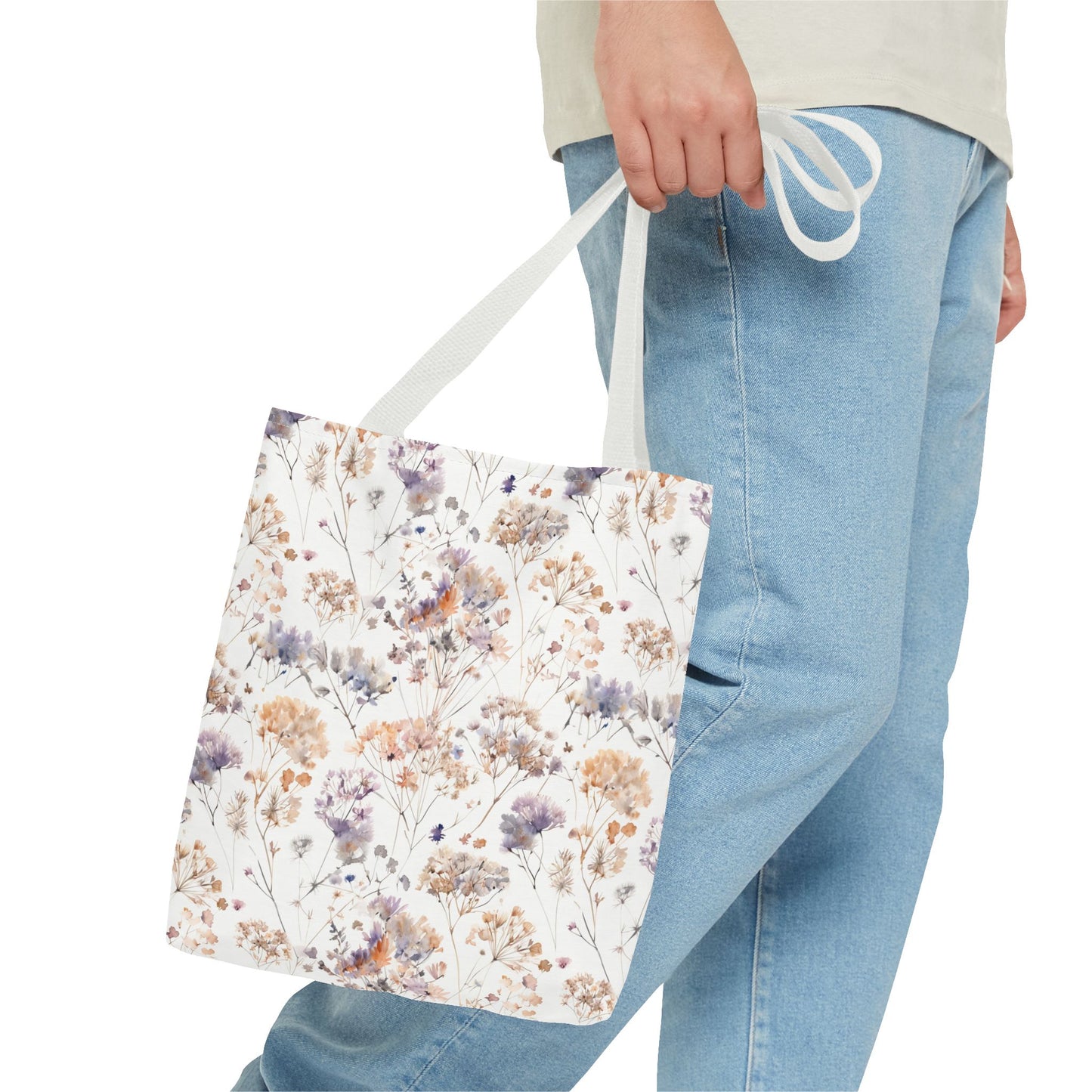 Floral Ditsy Print Tote Bag – Neutral Watercolor Wildflower Market Bag