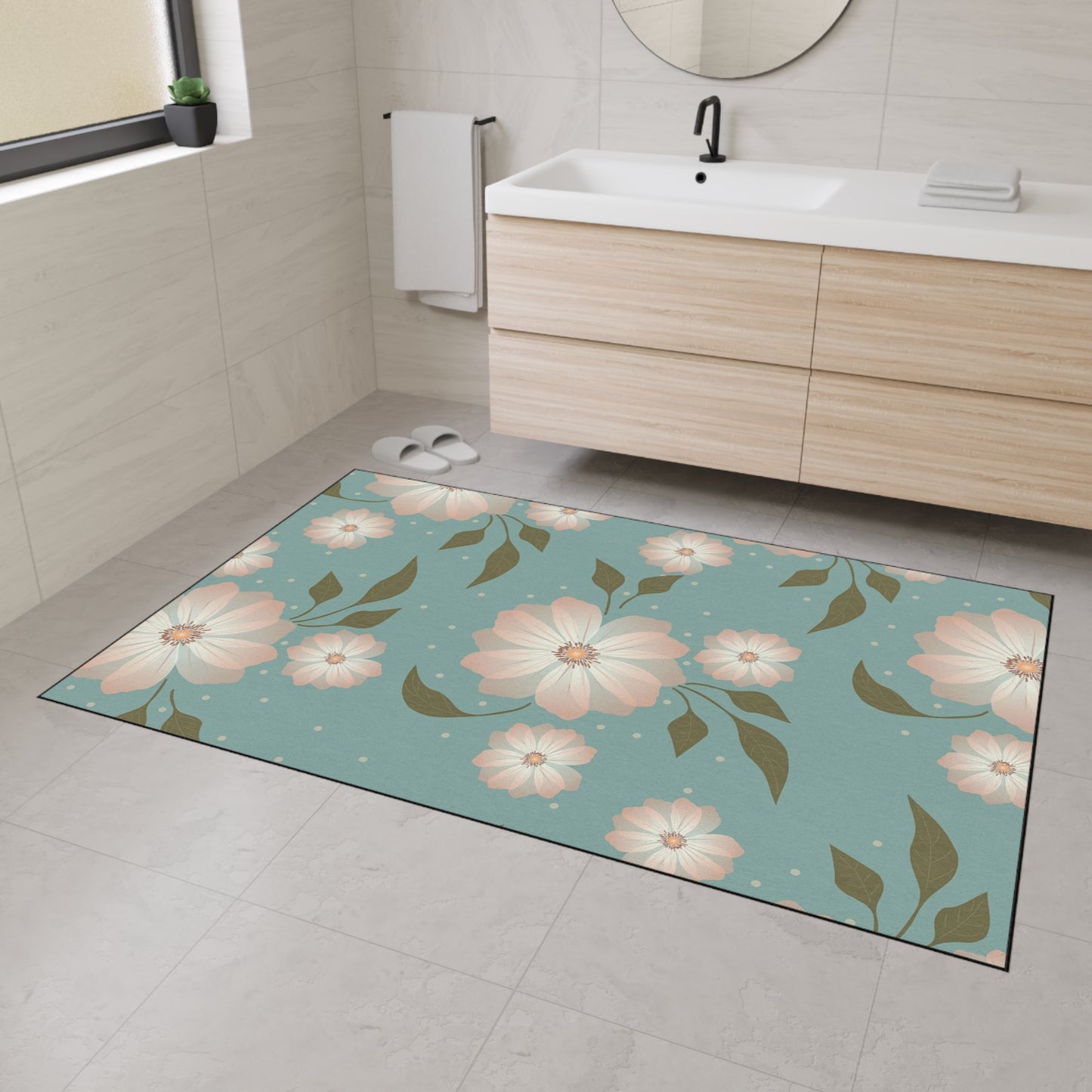Floral Heavy-Duty Floor Mat — Teal Pastel Blossom Rug for Entryway & Kitchen