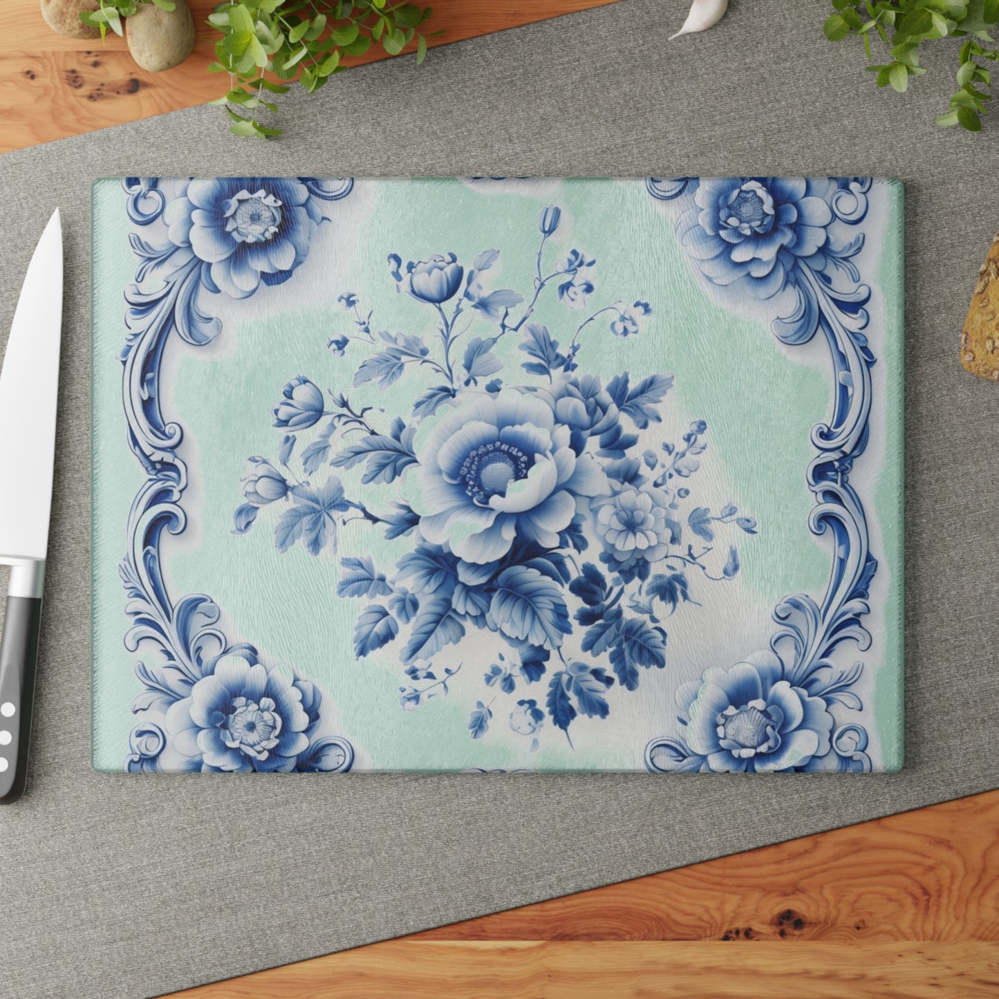 Blue Floral Glass Cutting Board — Vintage Delft-Style Kitchen Serving & Chopping Board